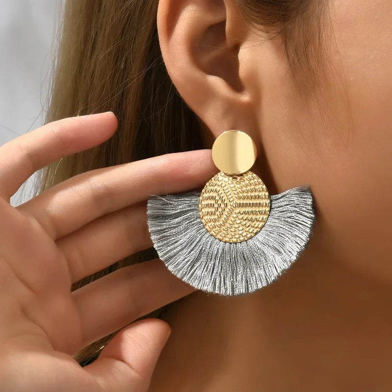 Bohemian Fan-Style Drop Earrings in Gray