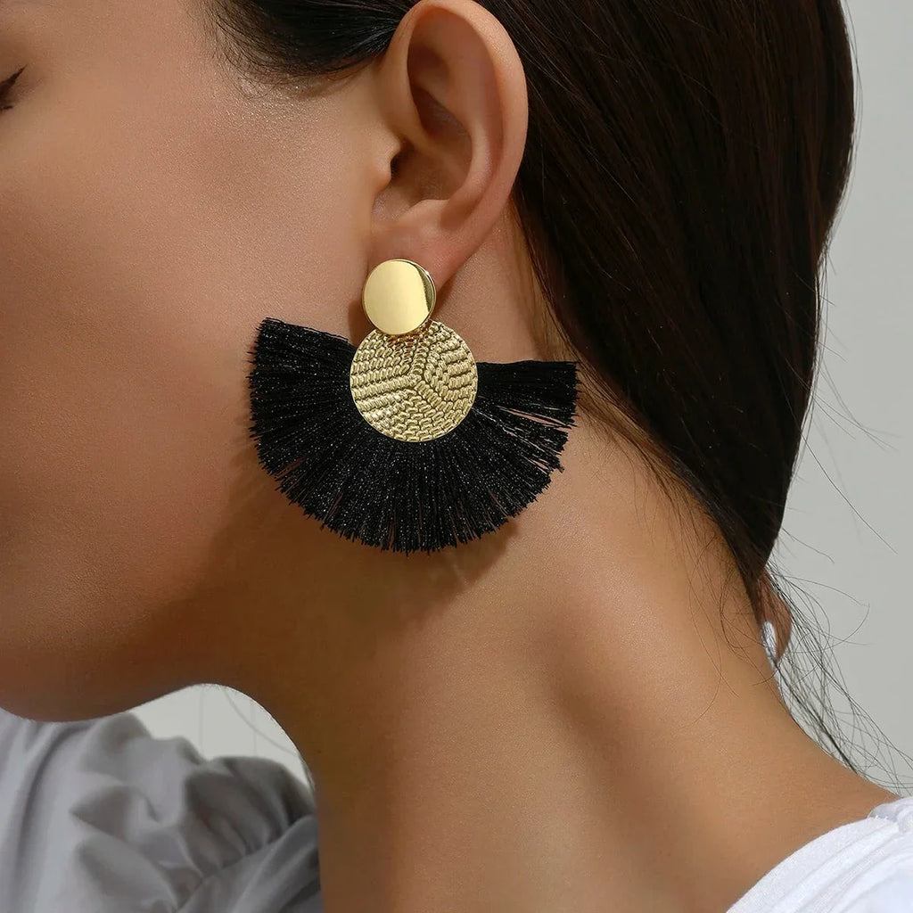 Bohemian Fan-Style Drop Earrings in Black