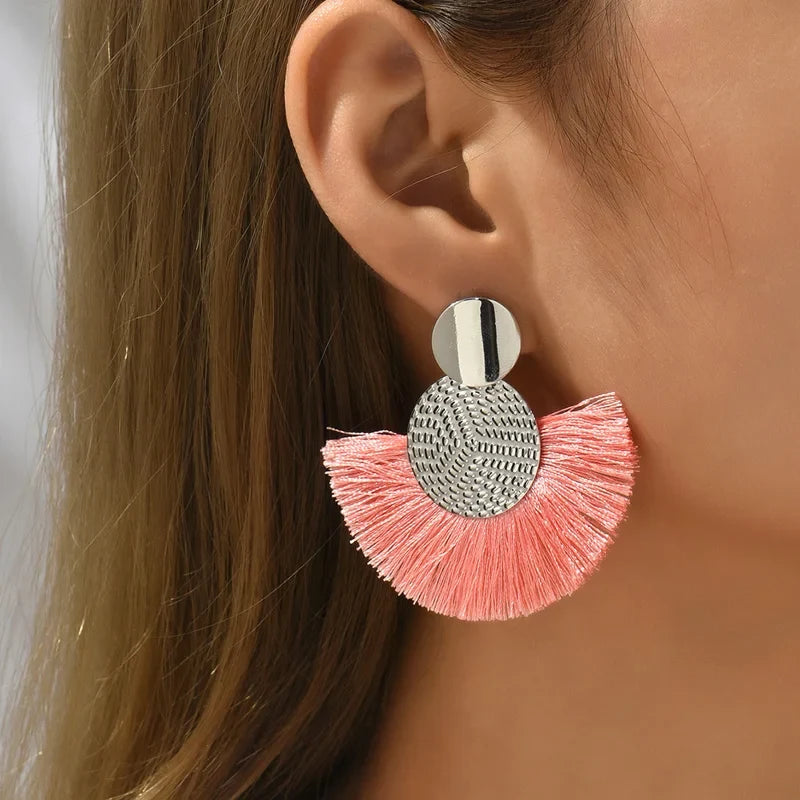 Bohemian Fan-Style Drop Earrings in Pink