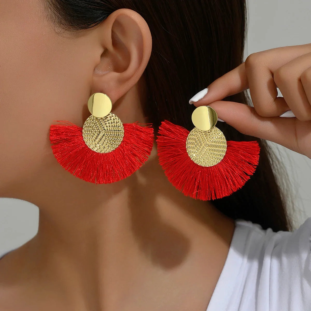 Bohemian Fan-Style Drop Earrings in Red