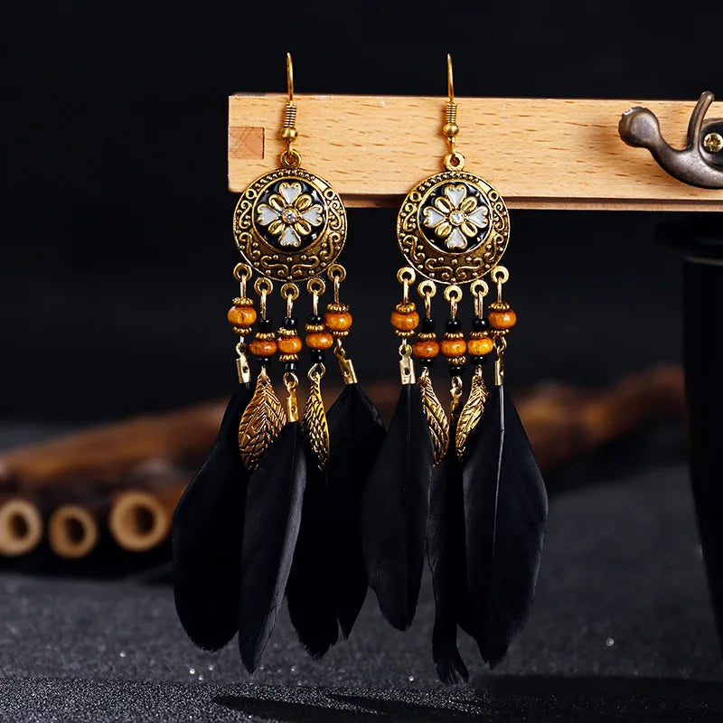 Ethnic-Style Feather Dangle Earrings 1