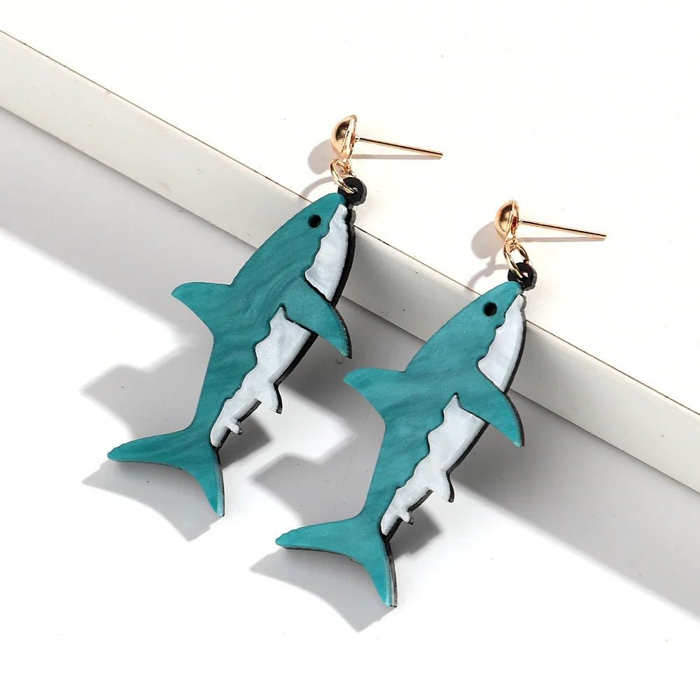Blue shark dangle earrings