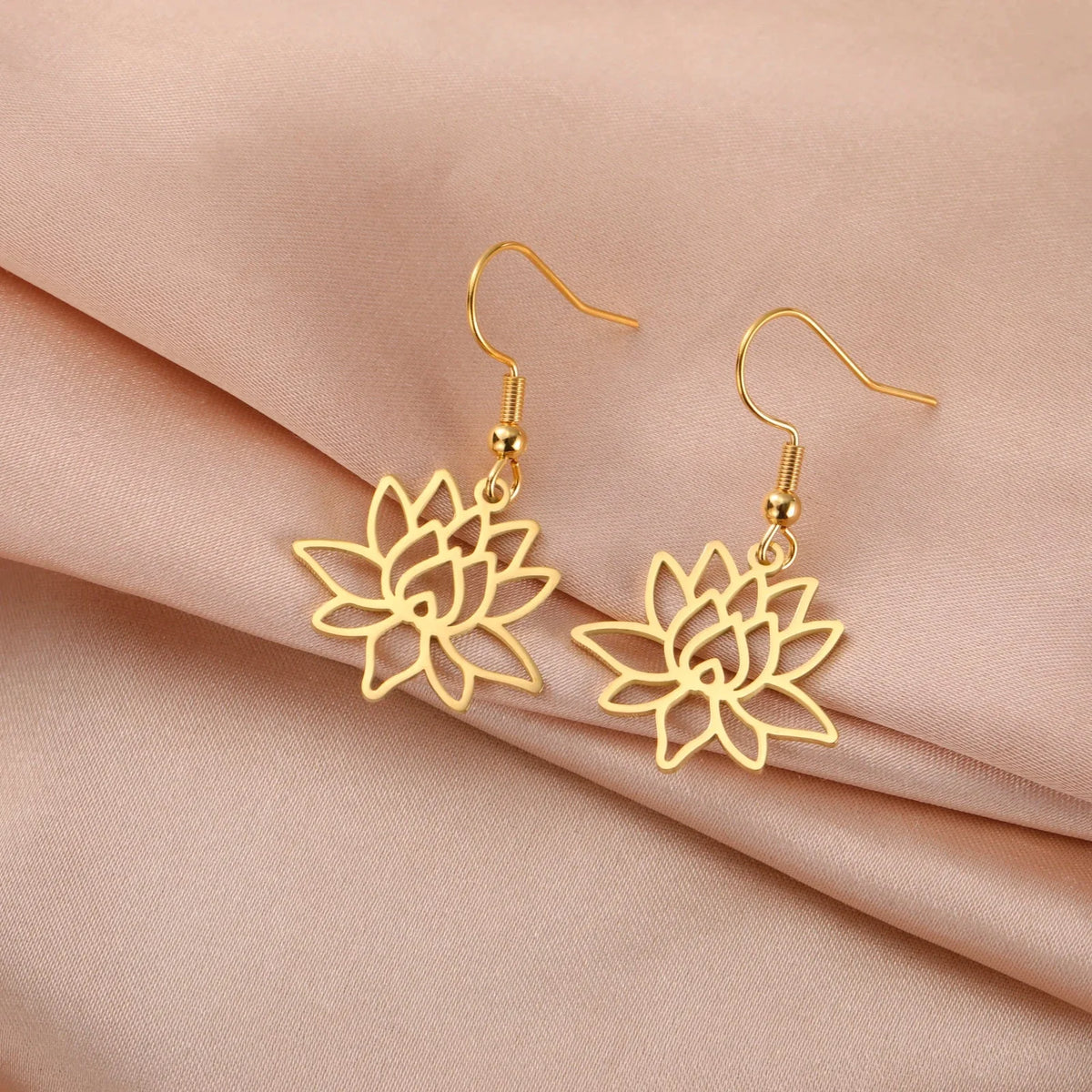 Women's Lotus Flower Dangle Earrings in Gold