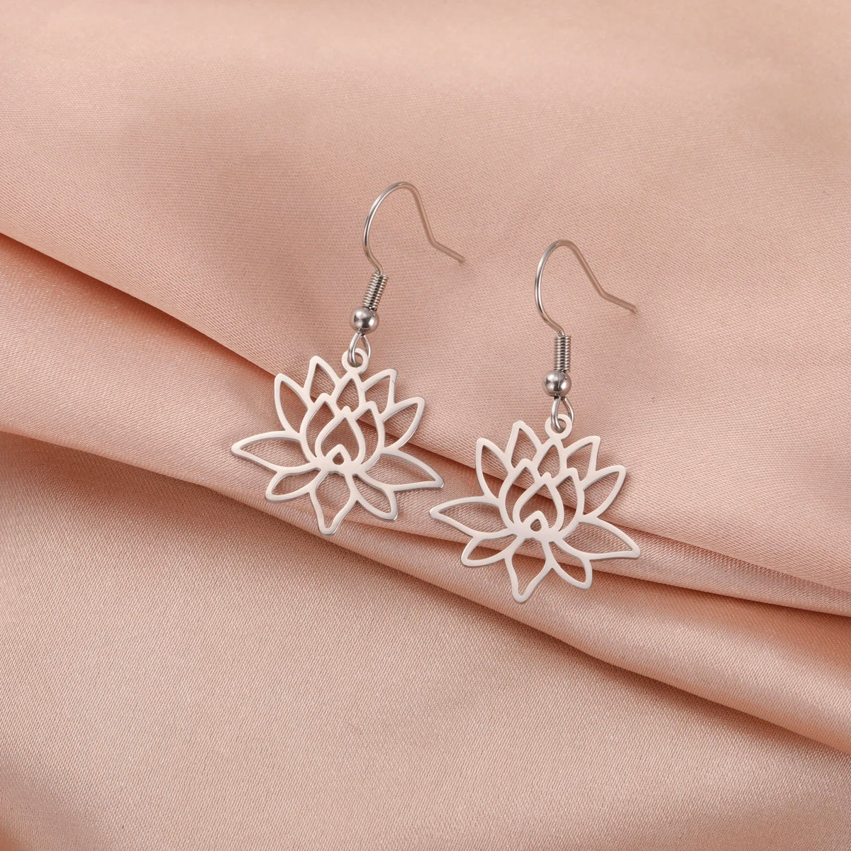 Women's Lotus Flower Dangle Earrings in Silver