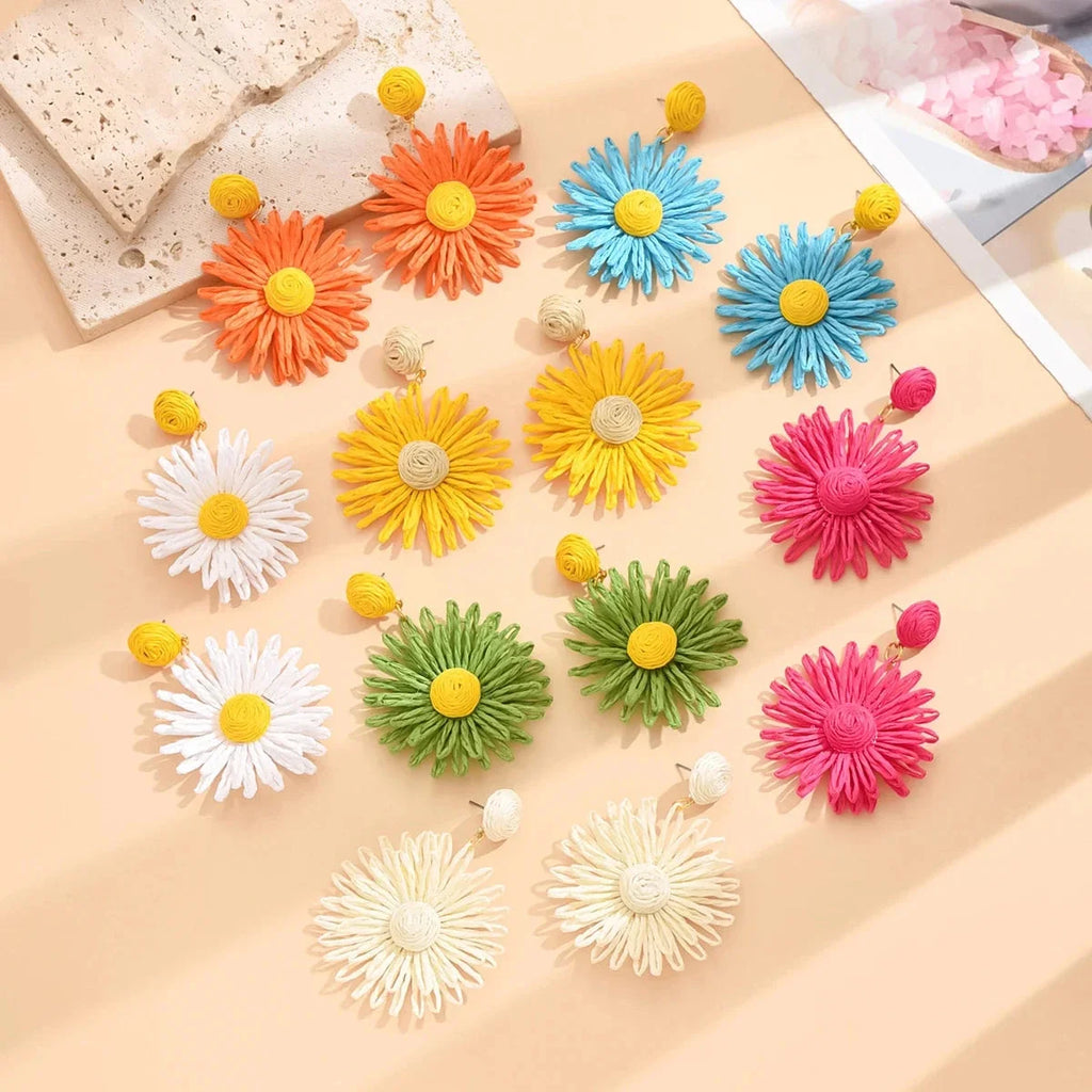 Blue Daisy Flower Drop Earrings