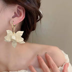 Large White Flower Dangle Hoop Earrings