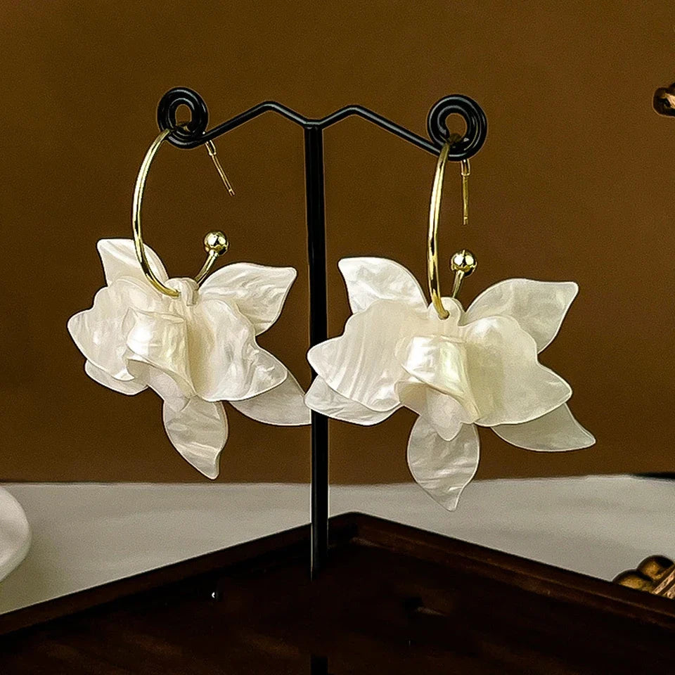 Large White Flower Dangle Hoop Earrings