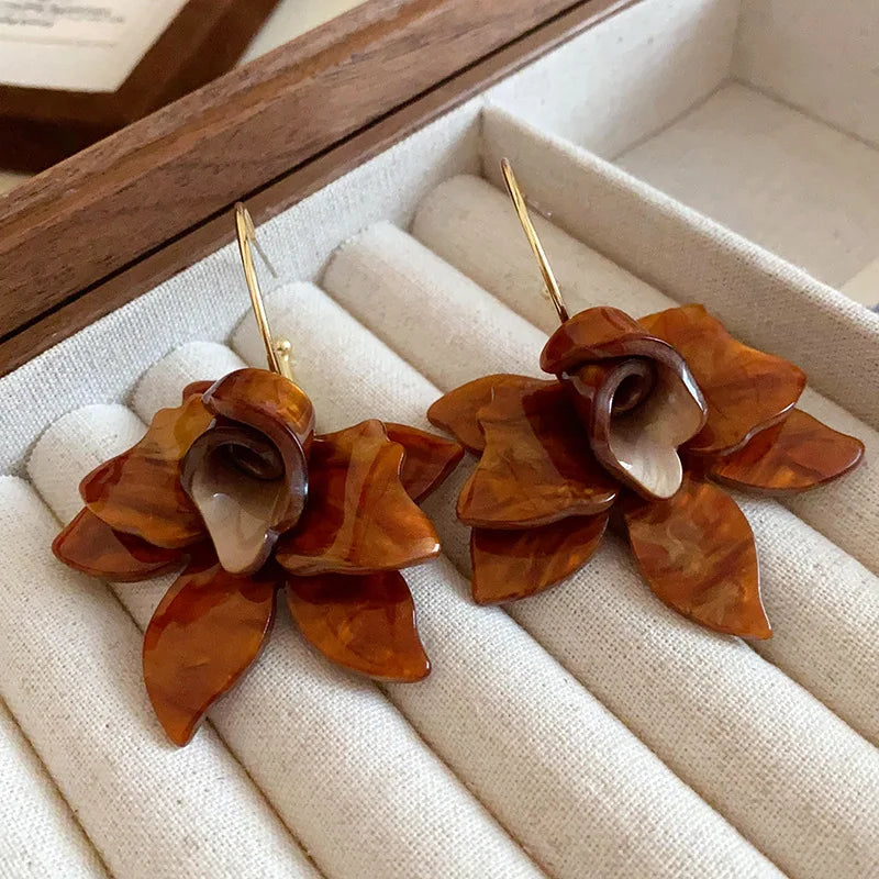 Large Brown Flower Dangle Hoop Earrings