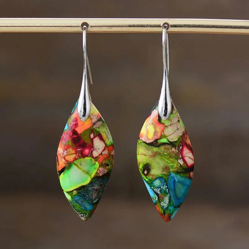 Colorful Water Drop Dangle Earrings in Silver and Green