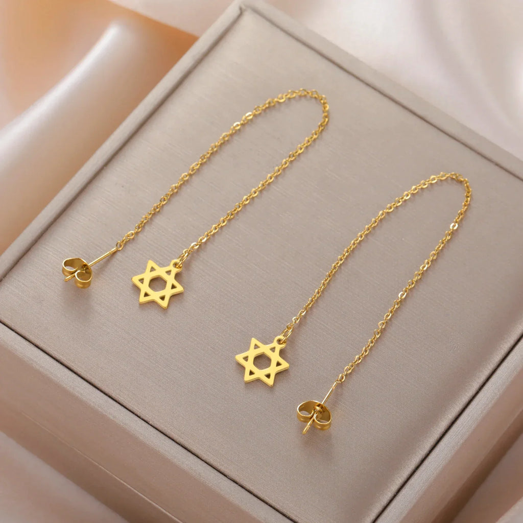 Long dangling earrings with the Star of David Jewish symbol in gold