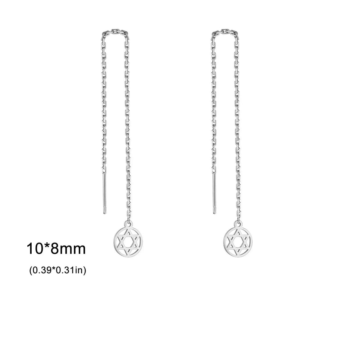 Long dangling earrings with the Star of David Jewish symbol, round, in silver