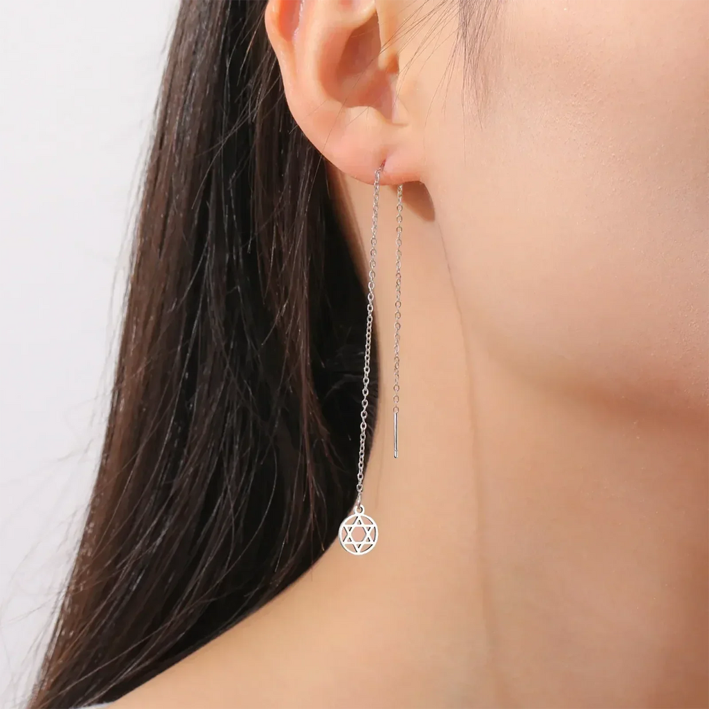 Long dangling earrings with the Star of David Jewish symbol, round, in silver 