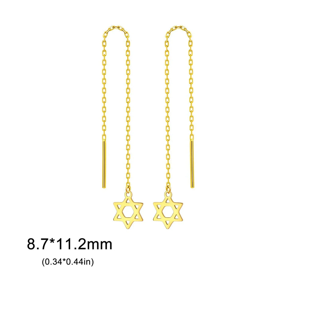 Long dangling earrings with the Star of David Jewish symbol in gold