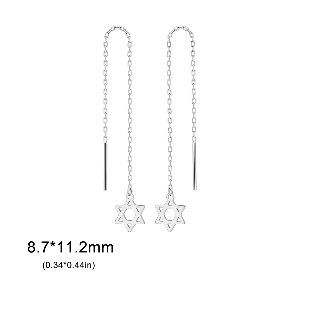 Long dangling earrings with the Star of David Jewish symbol in silver