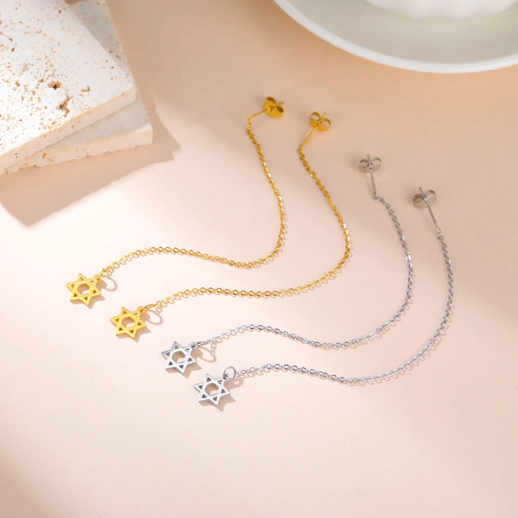 Long dangling earrings with the Star of David Jewish symbol in gold and silver