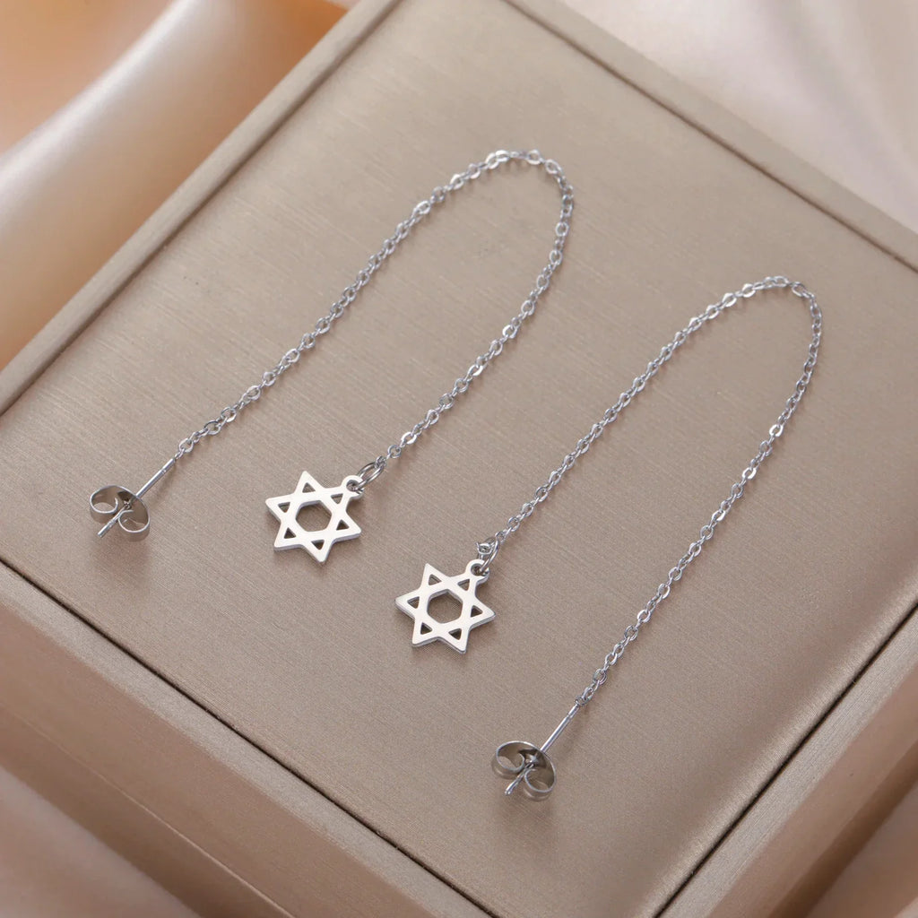 Long dangling earrings with the Star of David Jewish symbol in silver