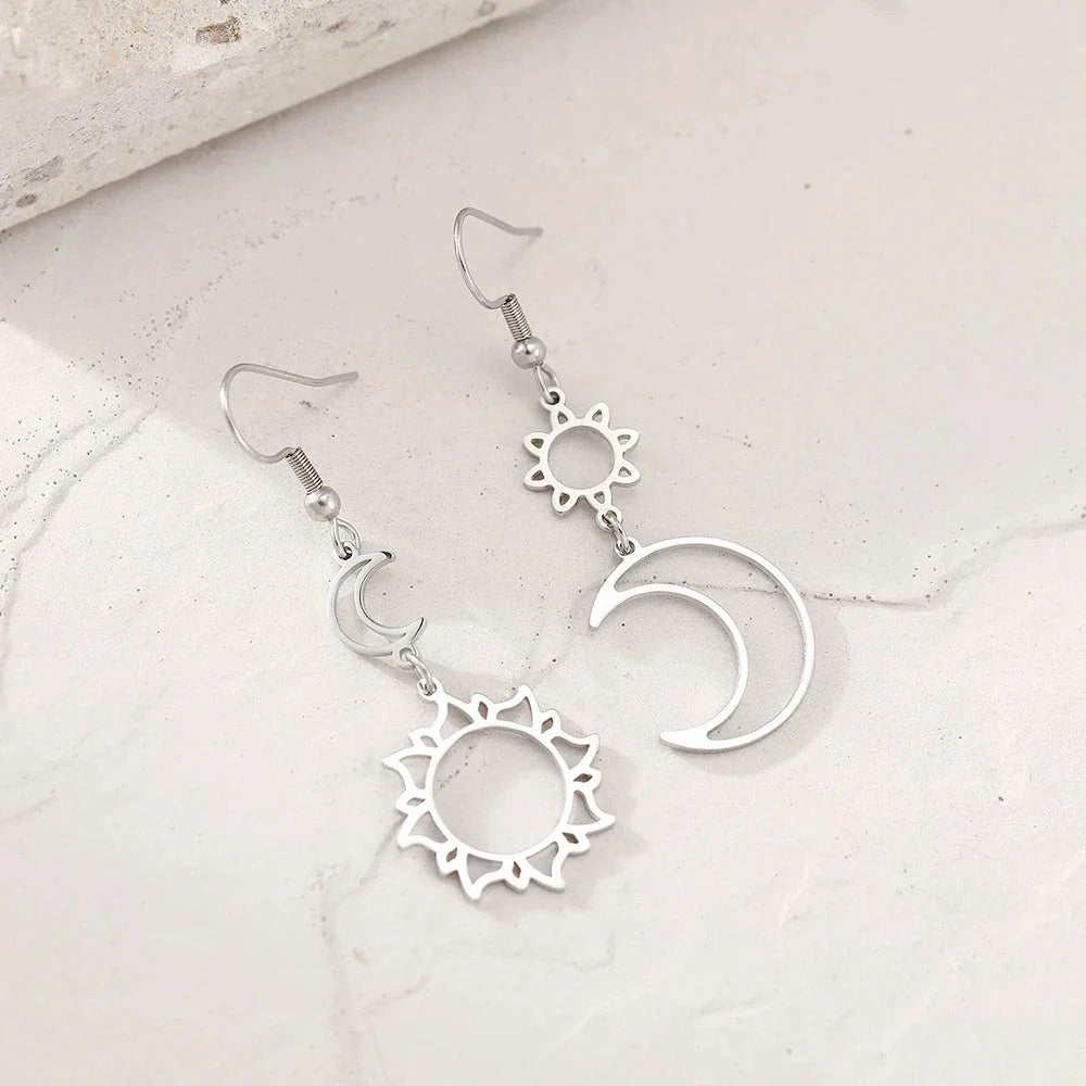 Moon and Sun Drop Earrings silver