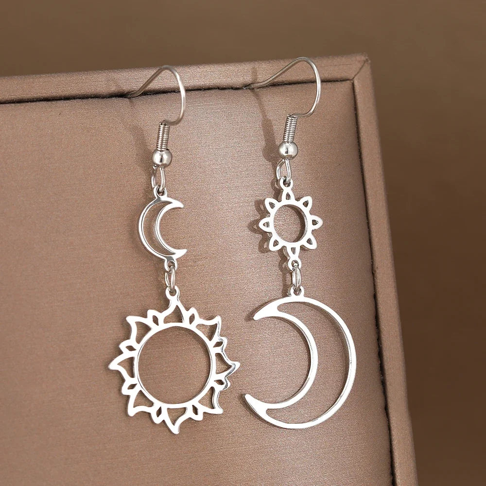 Moon and Sun Drop Earrings silver