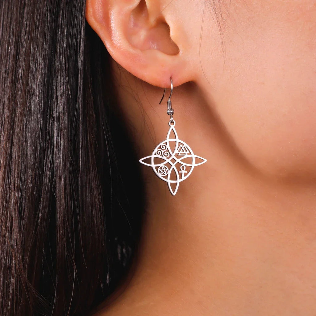 Wiccan Women’s Protective Witch’s Knot Dangle Earrings in Silver