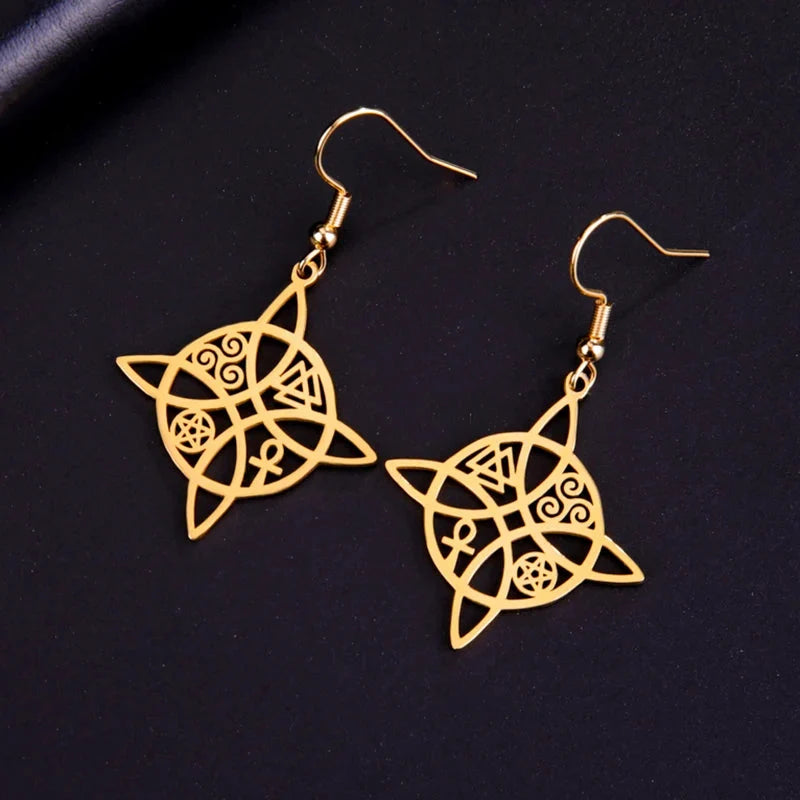 Wiccan Women’s Protective Witch’s Knot Dangle Earrings in Gold