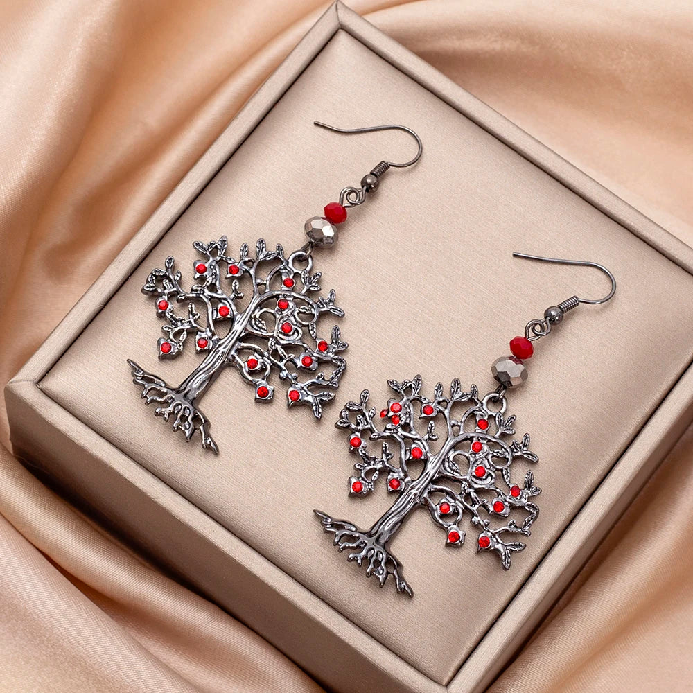 Red Tree of Life Dangle Earrings for Women