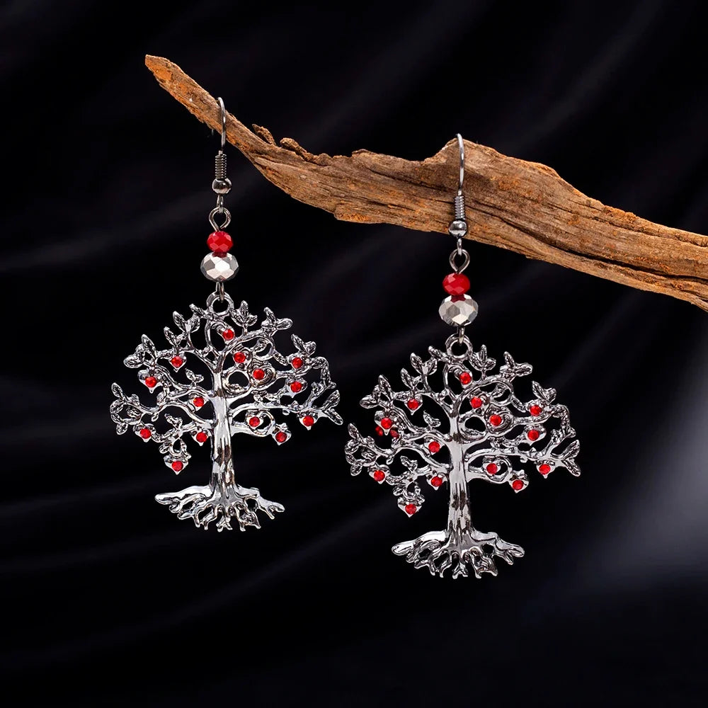 Red Tree of Life Dangle Earrings for Women