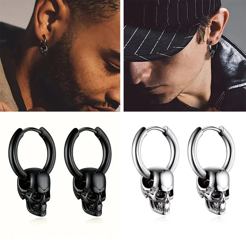 Men's Silver Skull Drop Earrings