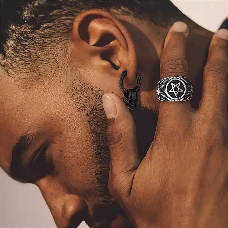 Men's Black Skull Drop Earrings