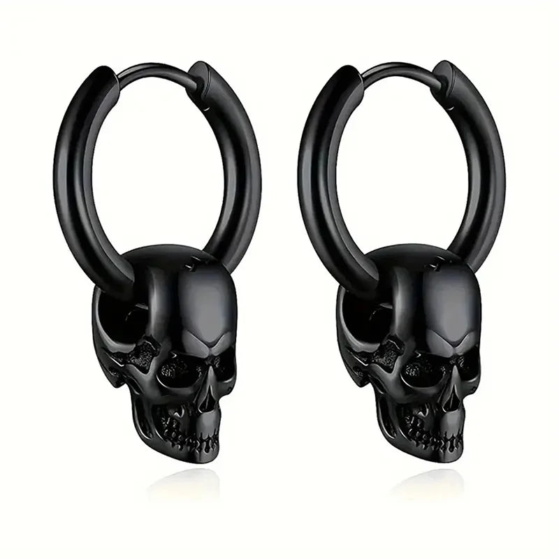 Men's Black Skull Drop Earrings