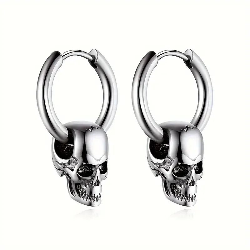 Men's Silver Skull Drop Earrings