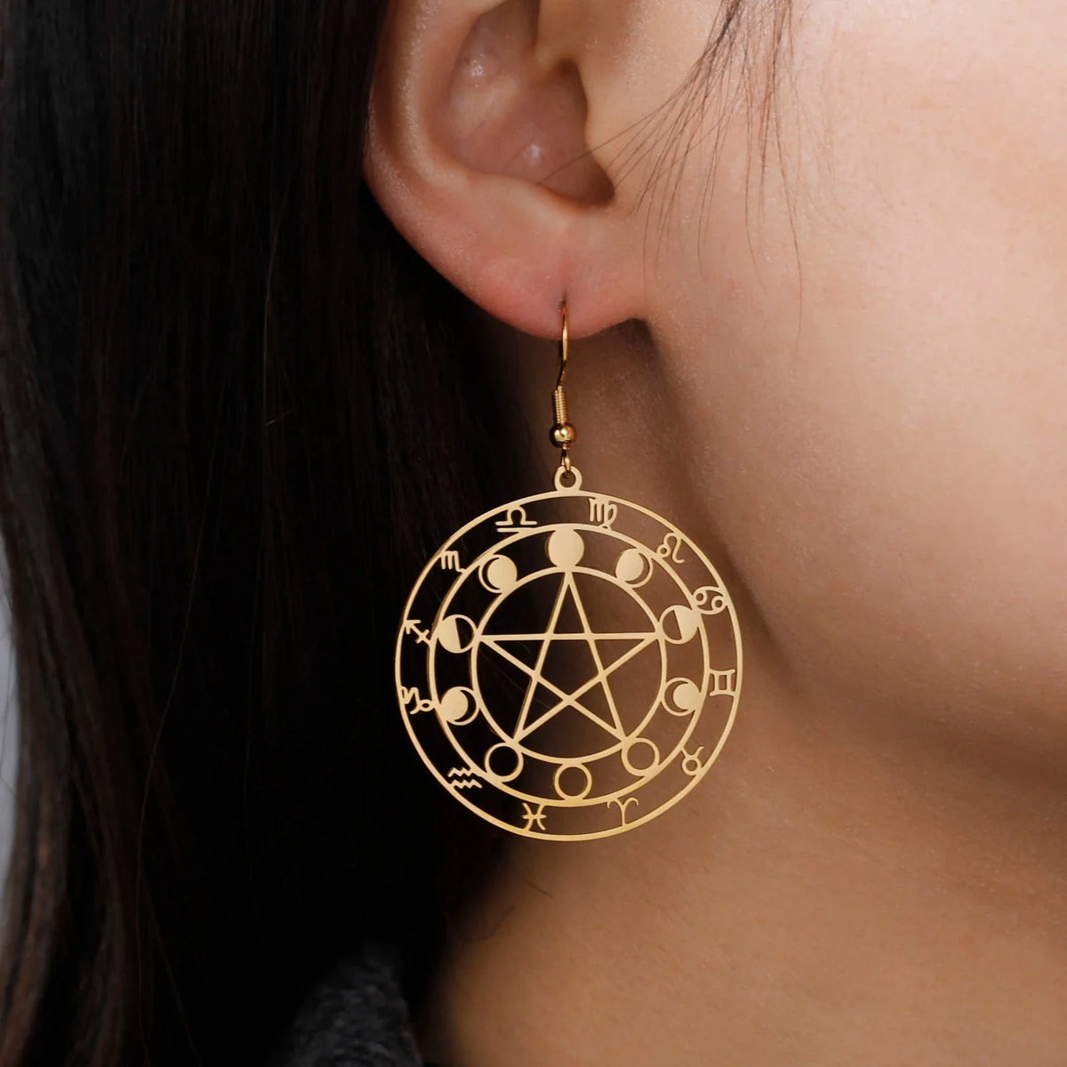 Wiccan Witchcraft Pentacle Dangle Earrings for Women gold
