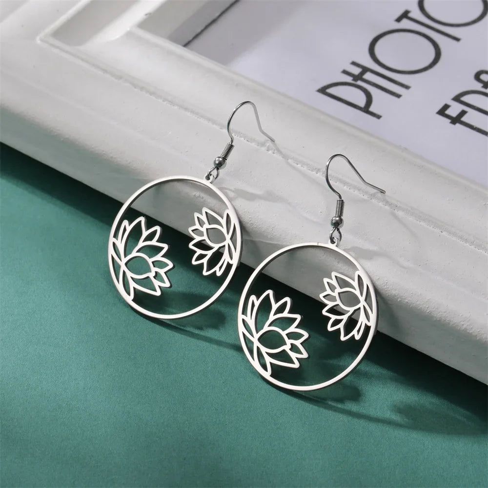Round Drop Lotus Flower Hoop Earrings silver