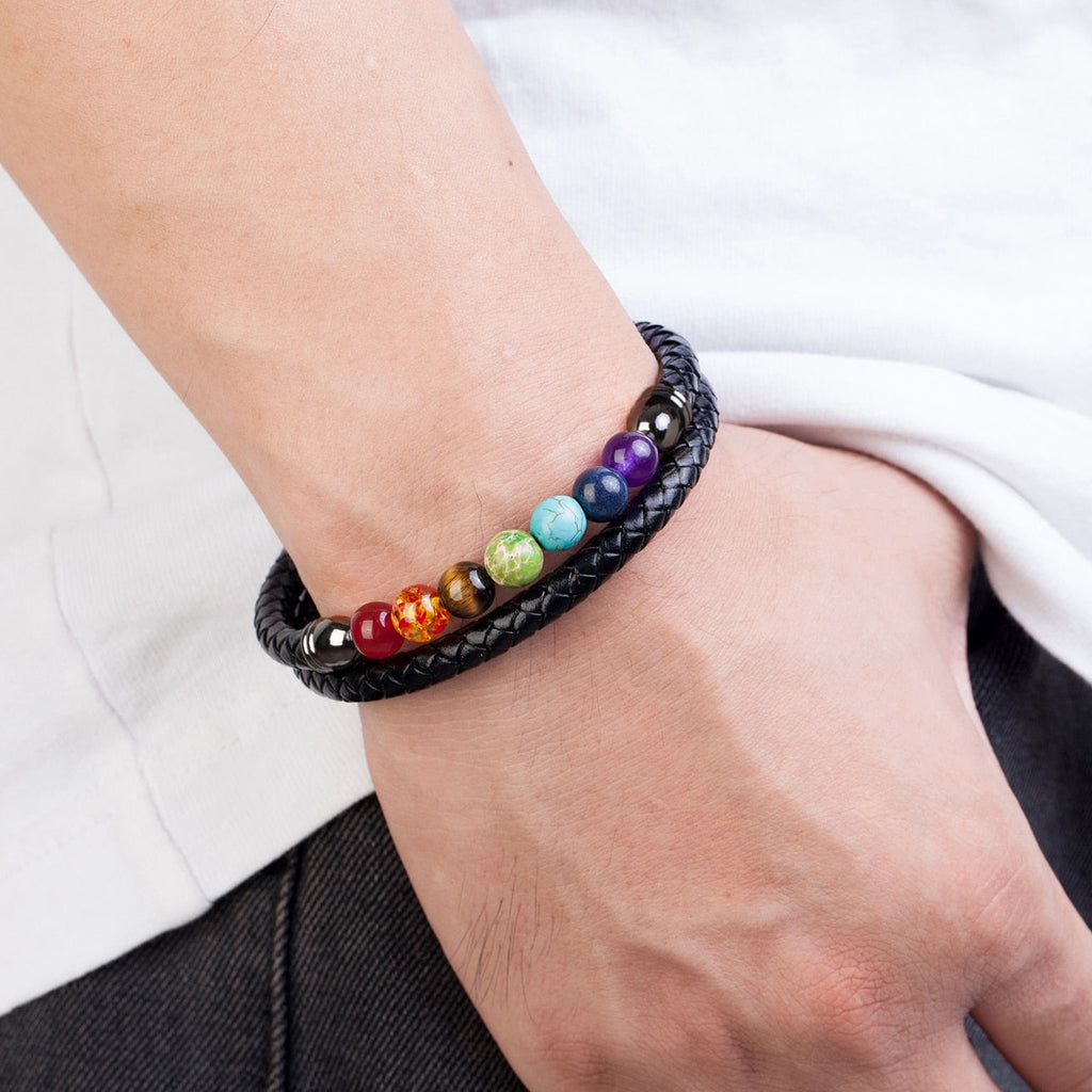 7 Chakras Leather Bracelet for Men and Women