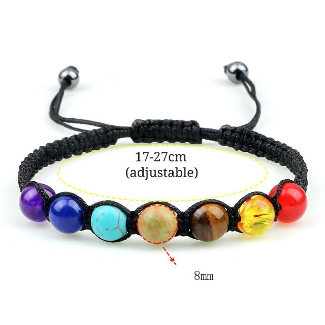 Braided 7 Chakras Chain Bracelet for Men and Women, Genuine Black Stones