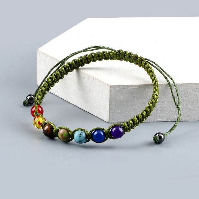 Braided 7 Chakras Chain Bracelet for Men and Women, Genuine Green Stones