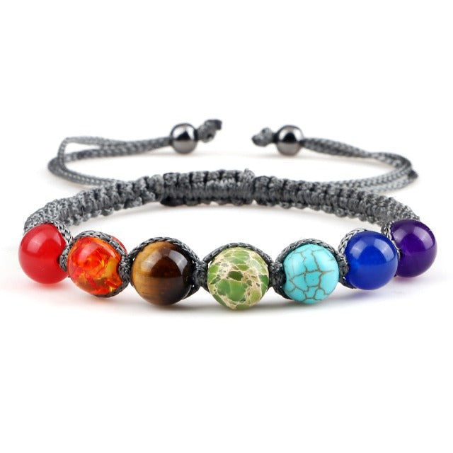 Braided 7 Chakras Chain Bracelet for Men and Women, Genuine Gray Stones