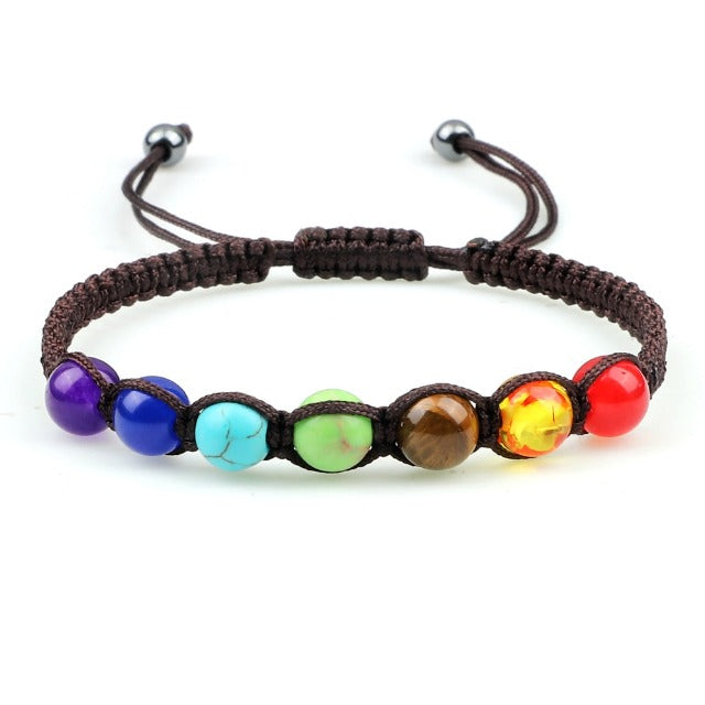 Braided 7 Chakras Chain Bracelet for Men and Women, Genuine Brown Stones