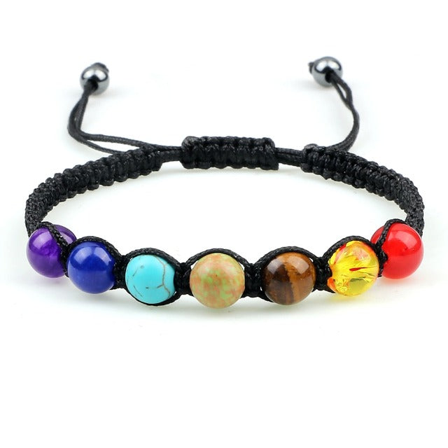 Braided 7 Chakras Chain Bracelet for Men and Women, Genuine Black Stones