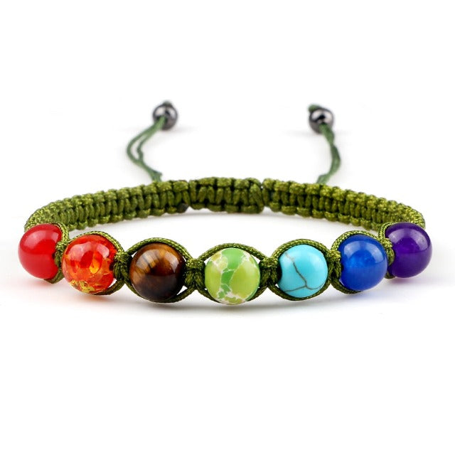 Braided 7 Chakras Chain Bracelet for Men and Women, Genuine Green Stones