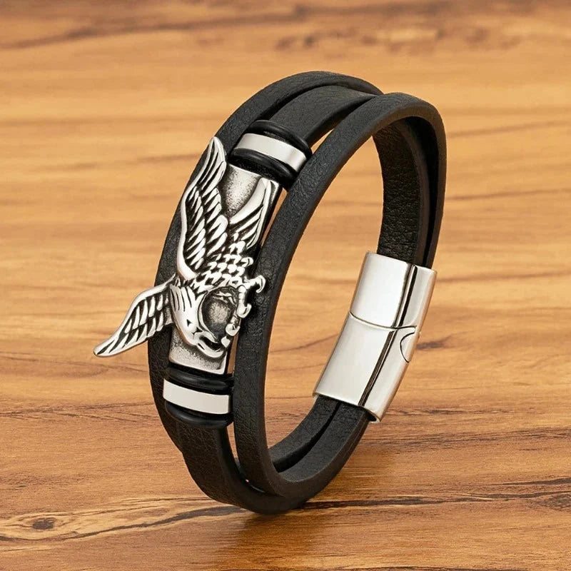 Silver Men's Eagle Leather Bracelet