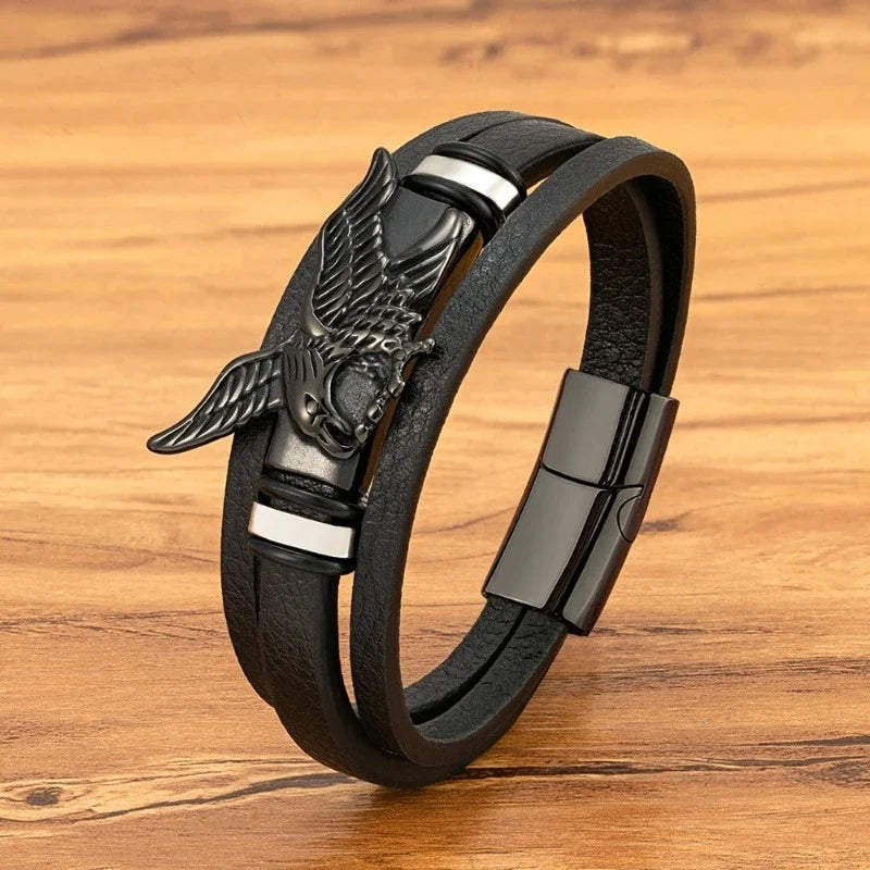 Black Men's Eagle Leather Bracelet