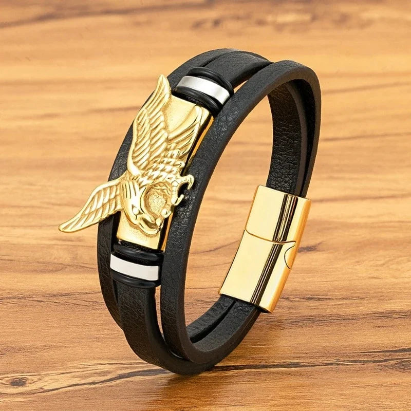 Gold Men's Eagle Leather Bracelet