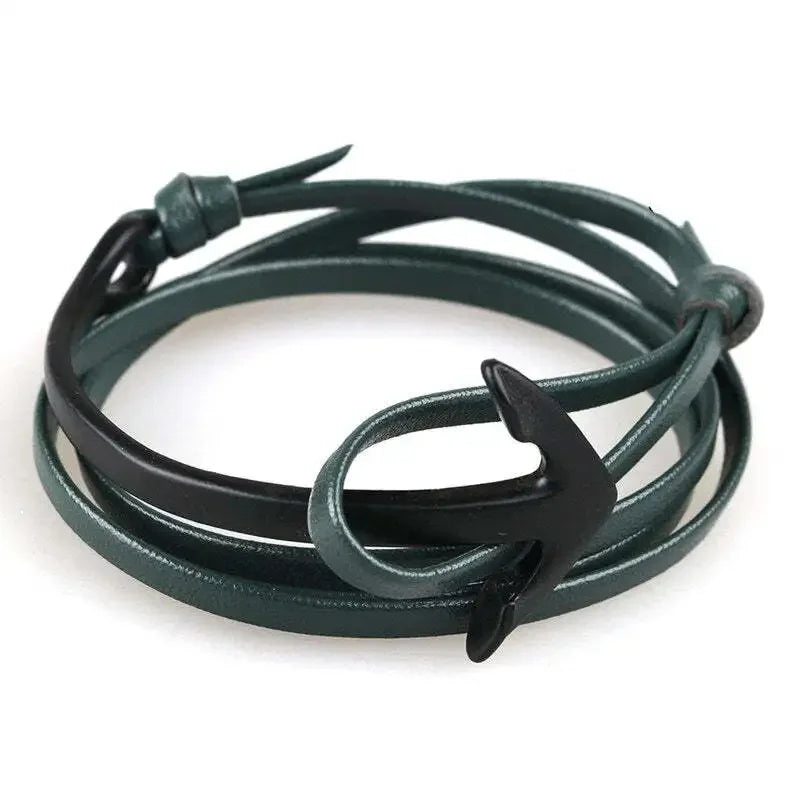 Wide adjustable black anchor bracelet in black and green
