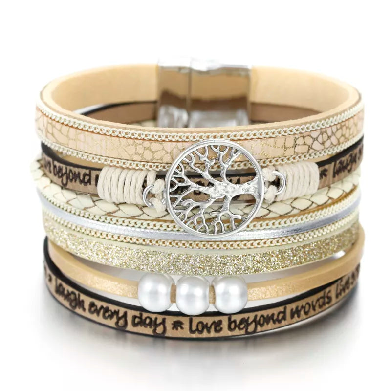 Tree of Life ID Bracelet in Beige Leather