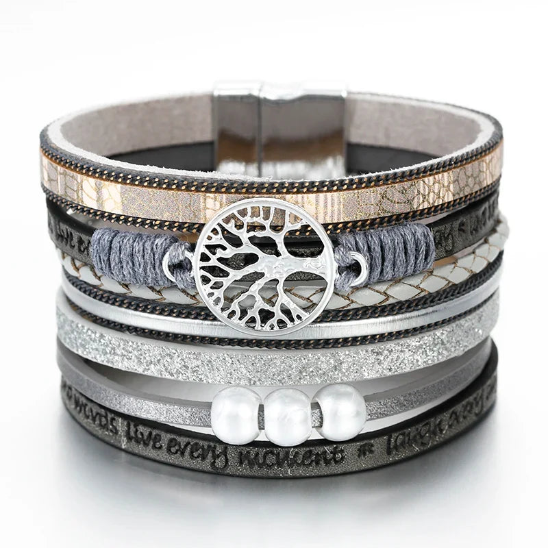 Tree of Life ID Bracelet in Gray Leather