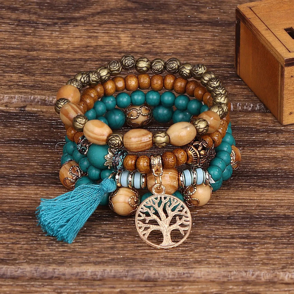 Tree of Life Chain Bracelet for Women, Sky Blue Beads