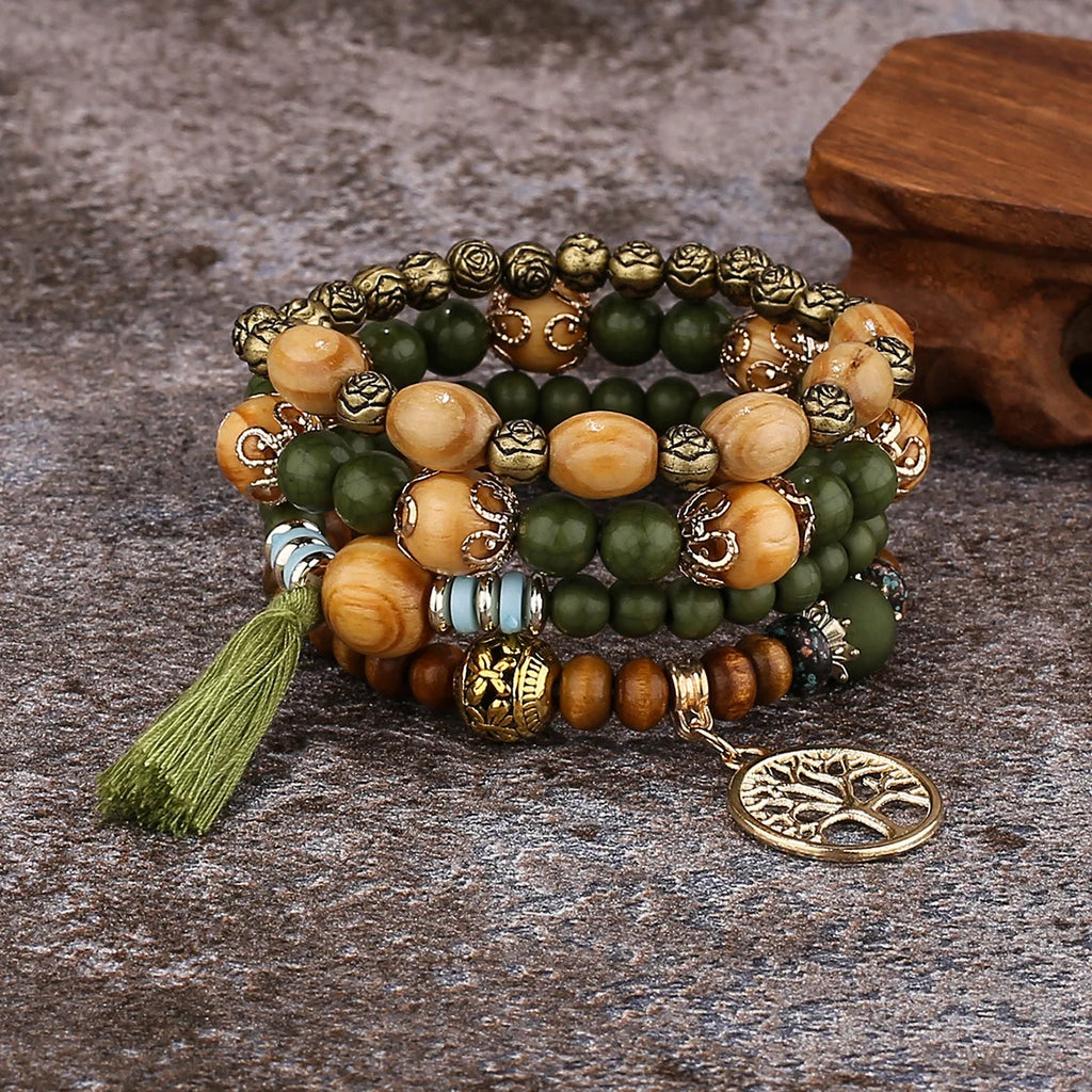 Tree of Life Chain Bracelet for Women, Green Beads