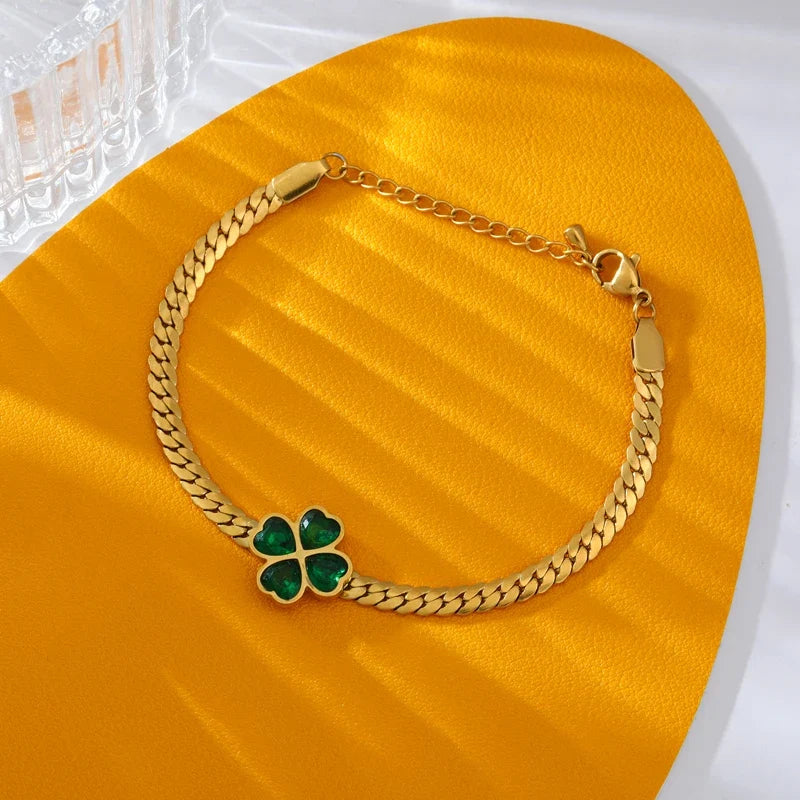 Four-Leaf Clover Bracelet with Green Crystal