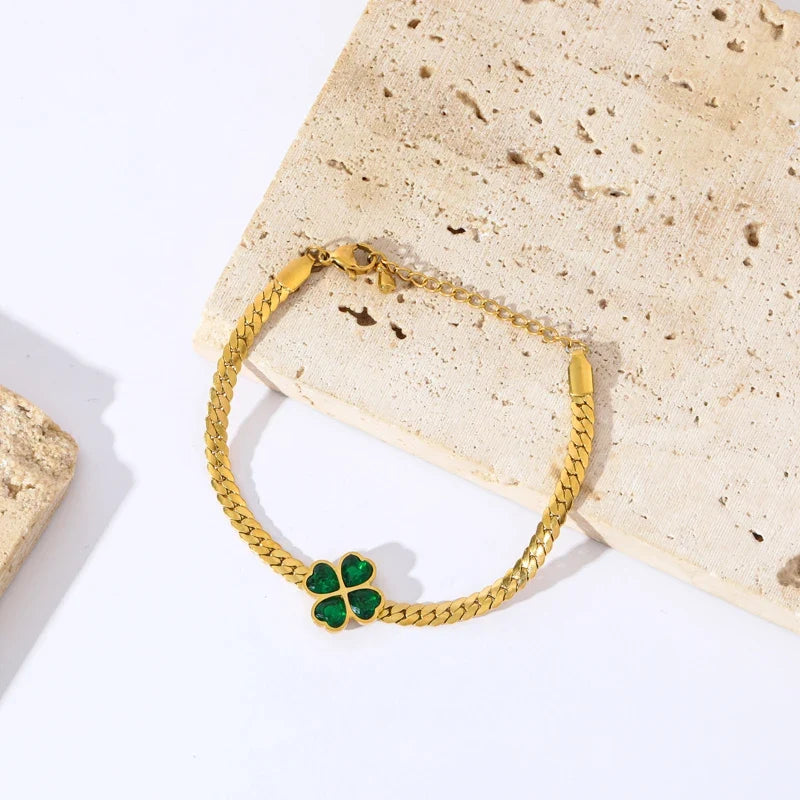 Four-Leaf Clover Bracelet with Green Crystal