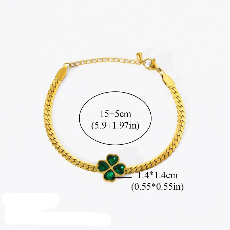Four-Leaf Clover Bracelet with Green Crystal